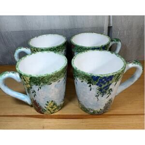 Fitz Floyd Balloons Floral Mug Set 4 Hand Painted Garden Coffee Cups